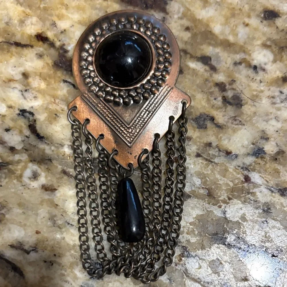 Artistic Black and Bronze Brooch with Chains